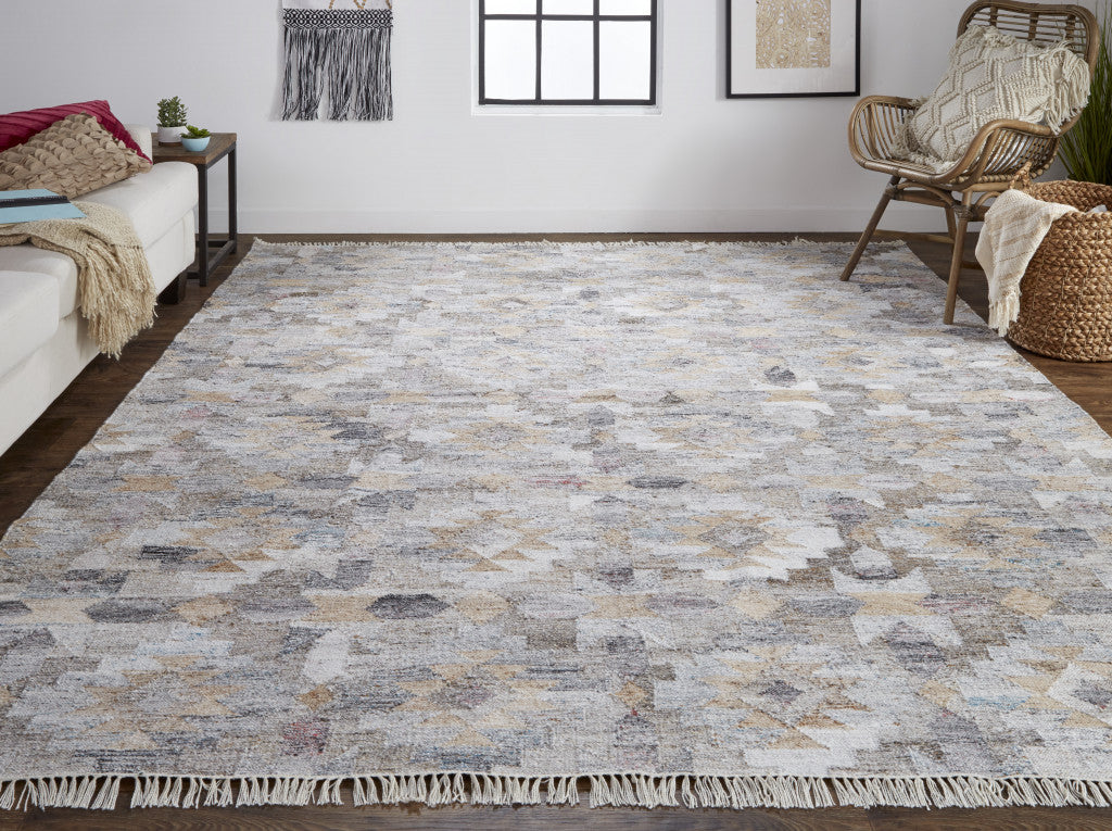 9' X 12' Taupe Gray And Blue Geometric Hand Woven Stain Resistant Area Rug With Fringe