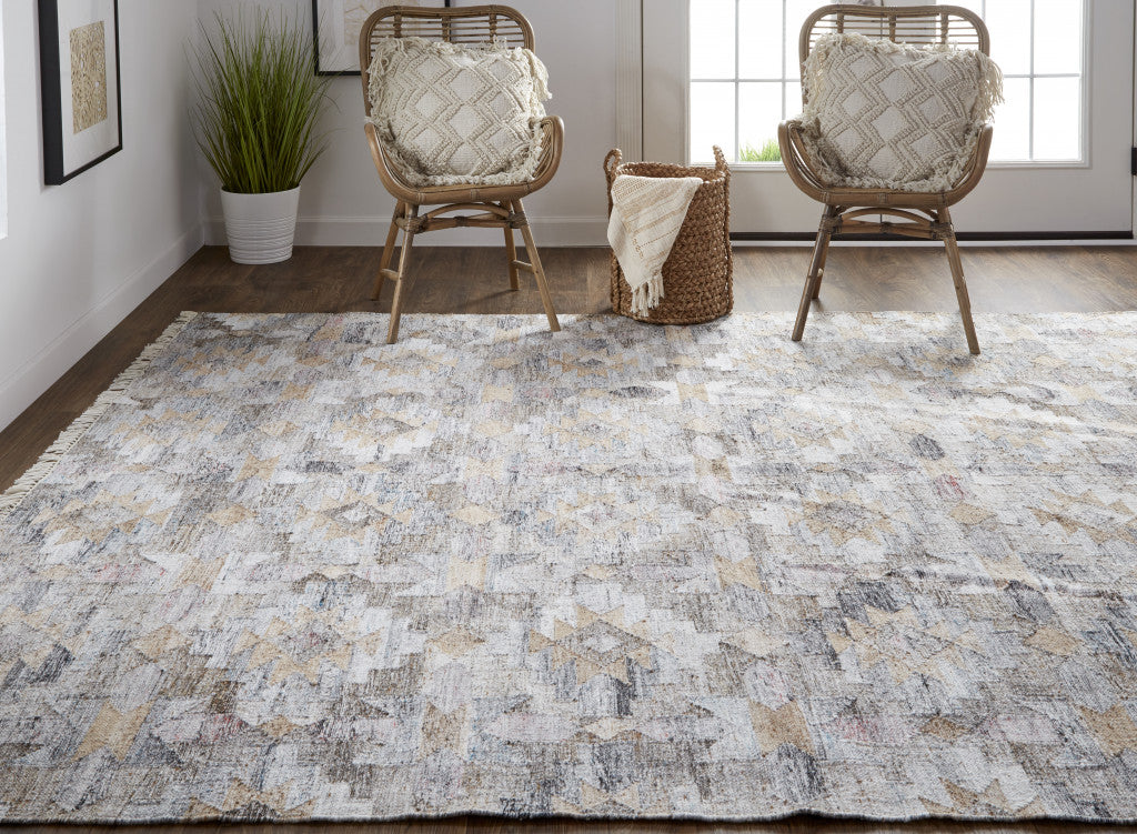 5' X 8' Gray and Blue Geometric Hand Woven Area Rug With Fringe