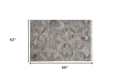 5' X 8' Gray Black And Brown Geometric Hand Woven Area Rug With Fringe