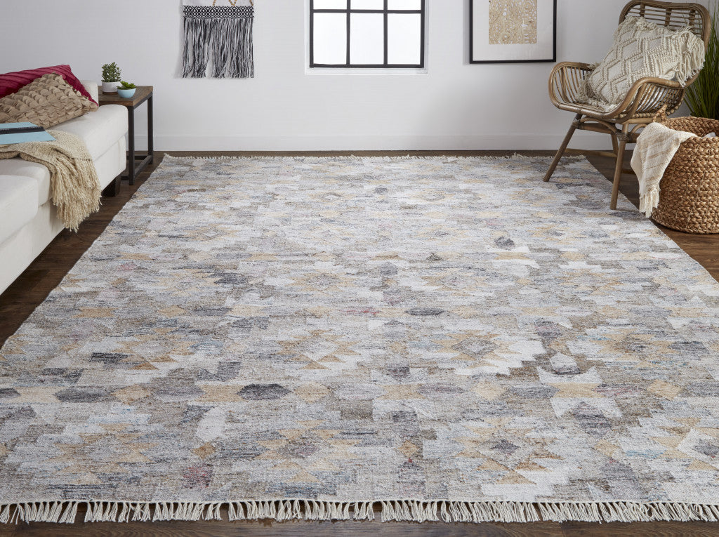 5' X 8' Gray and Blue Geometric Hand Woven Area Rug With Fringe