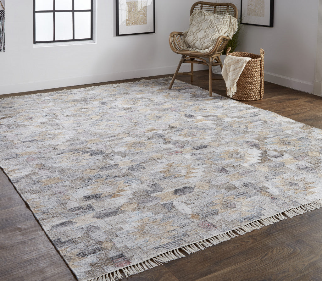 5' X 8' Gray and Blue Geometric Hand Woven Area Rug With Fringe