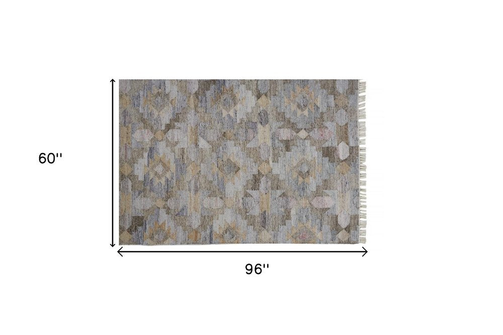 5' X 8' Gray Black And Brown Geometric Hand Woven Area Rug With Fringe