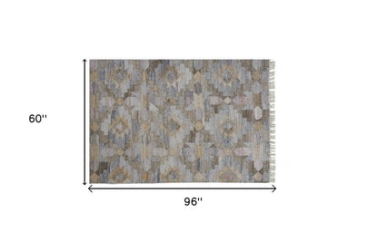5' X 8' Gray Black And Brown Geometric Hand Woven Area Rug With Fringe