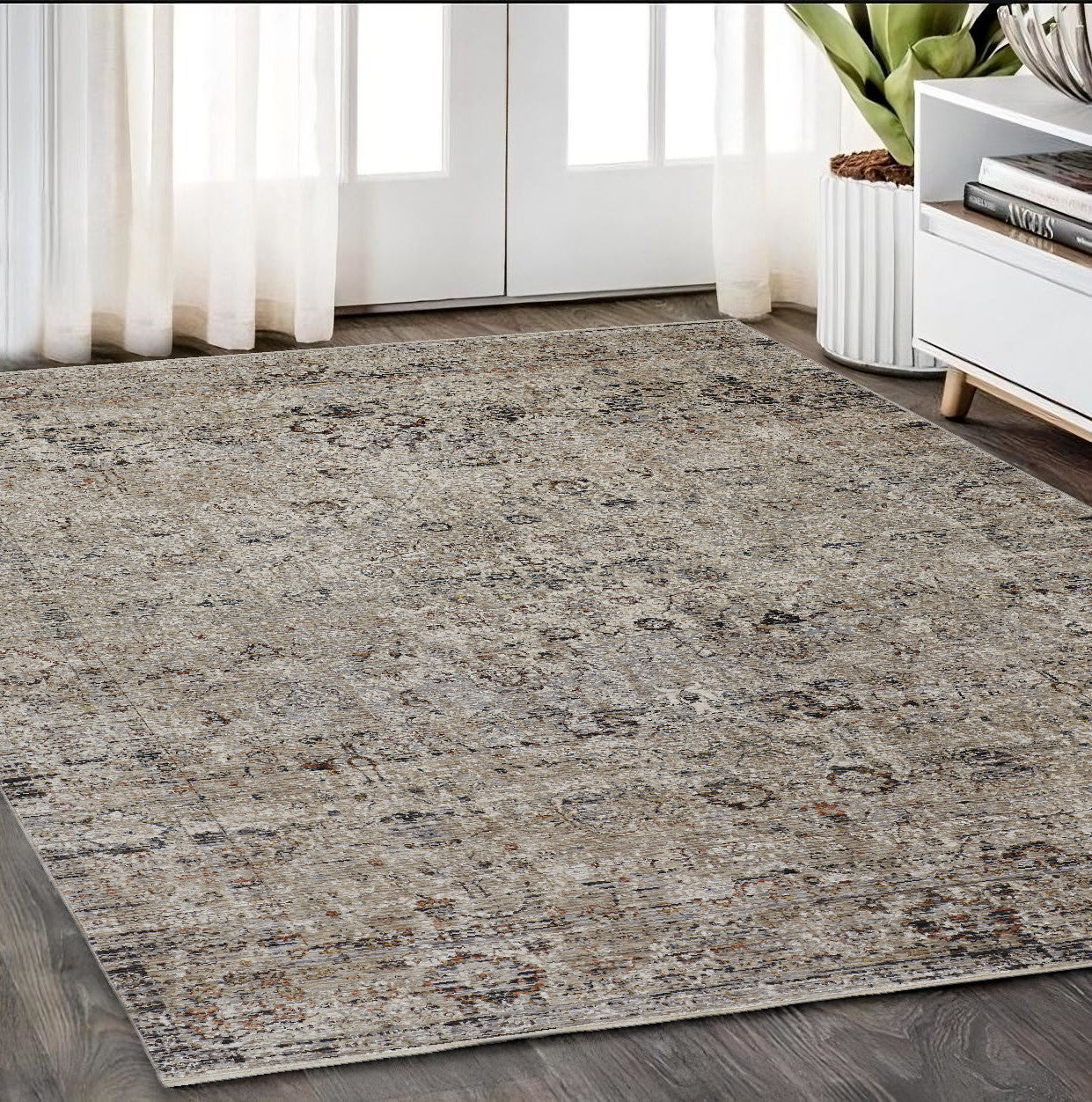 4' X 6' Taupe Ivory And Gray Abstract Distressed Area Rug With Fringe