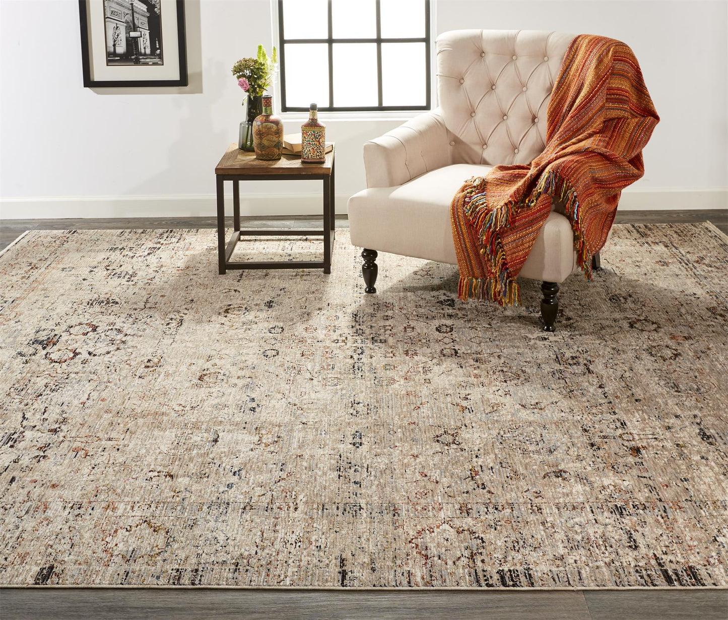 4' X 6' Taupe Ivory And Gray Abstract Distressed Area Rug With Fringe