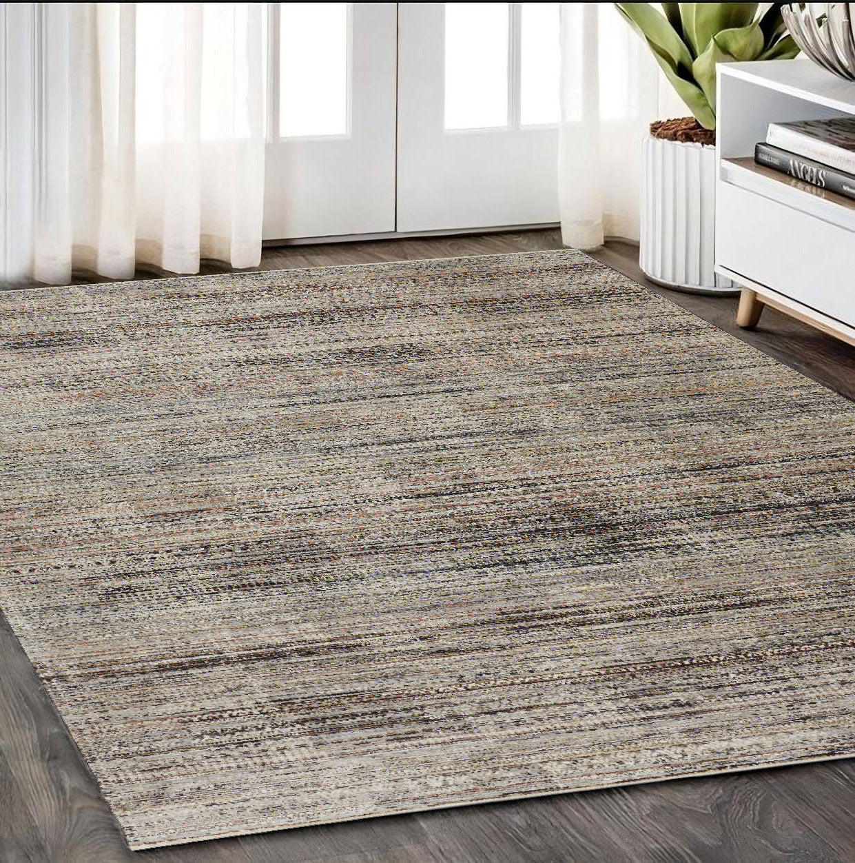 5' X 8' Ivory Gray And Black Abstract Distressed Area Rug With Fringe