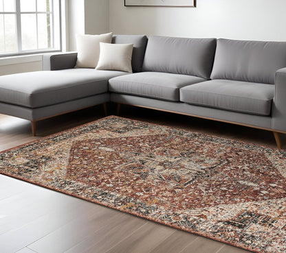 7' X 10' Red Ivory And Black Abstract Distressed Area Rug With Fringe
