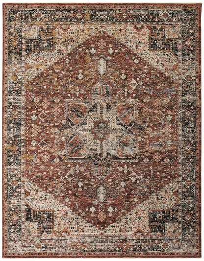 7' X 10' Red Ivory And Black Abstract Distressed Area Rug With Fringe
