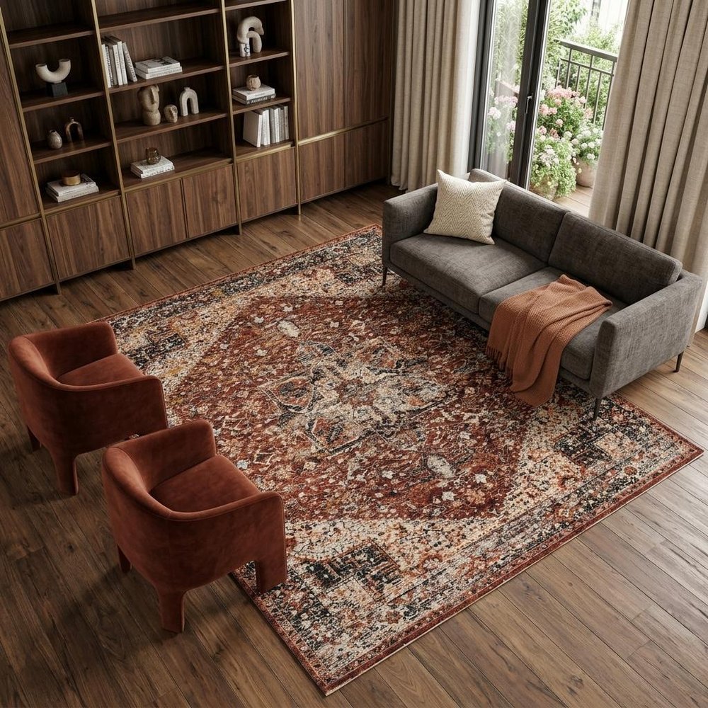 7' X 10' Red Ivory And Black Abstract Distressed Area Rug With Fringe