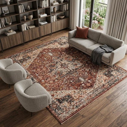 7' X 10' Red Ivory And Black Abstract Distressed Area Rug With Fringe
