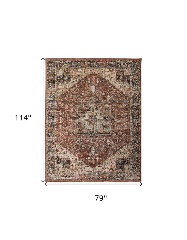 7' X 10' Red Ivory And Black Abstract Distressed Area Rug With Fringe