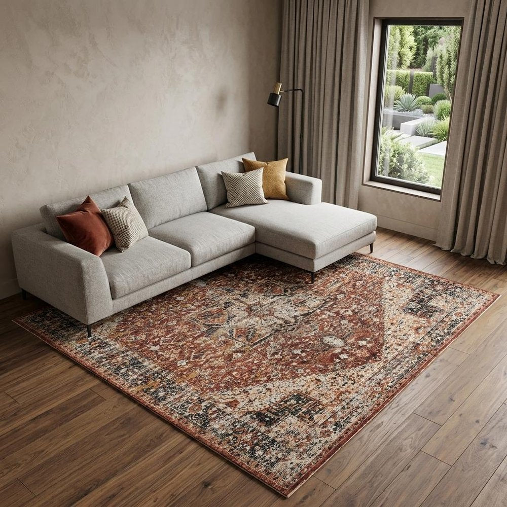 7' X 10' Red Ivory And Black Abstract Distressed Area Rug With Fringe