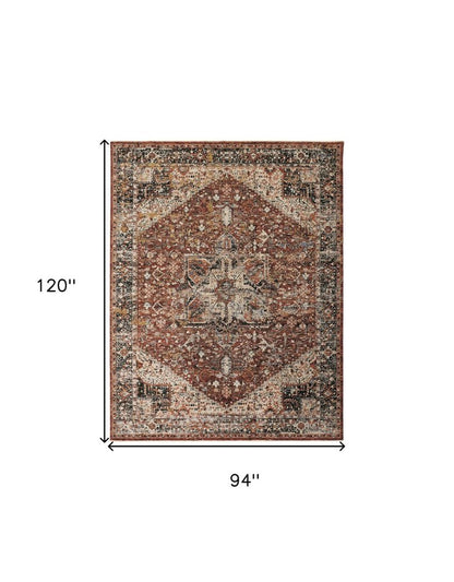 7' X 10' Red Ivory And Black Abstract Distressed Area Rug With Fringe
