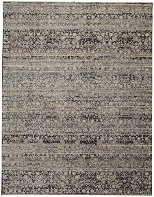 10' X 13' Gray Ivory And Tan Abstract Distressed Area Rug With Fringe
