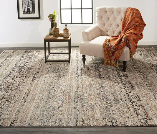 7' X 10' Gray And Ivory Oriental Distressed Area Rug With Fringe