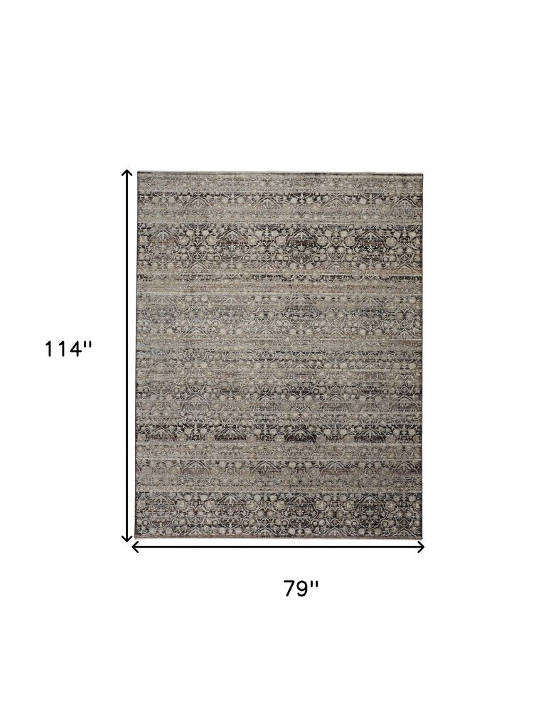 7' X 10' Gray And Ivory Oriental Distressed Area Rug With Fringe
