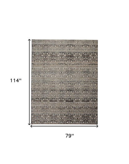 7' X 10' Gray And Ivory Oriental Distressed Area Rug With Fringe