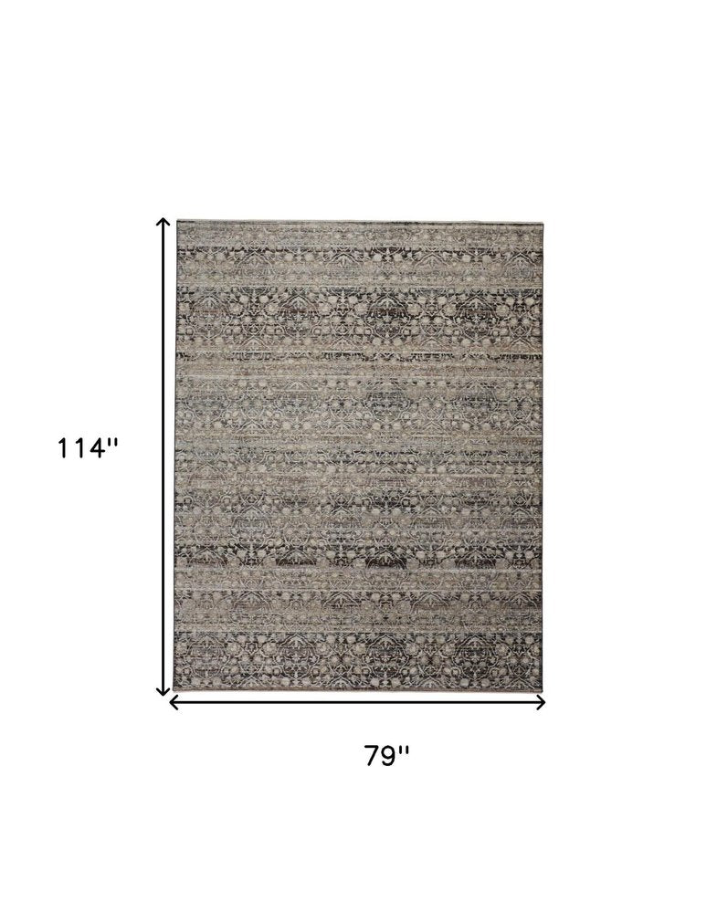 7' X 10' Gray And Ivory Oriental Distressed Area Rug With Fringe