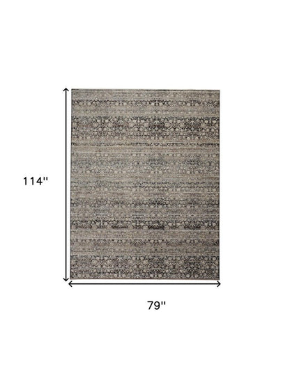 7' X 10' Gray And Ivory Oriental Distressed Area Rug With Fringe