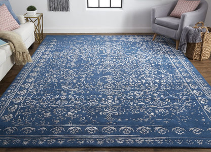 8' X 10' Blue And Silver Wool Floral Tufted Handmade Distressed Area Rug