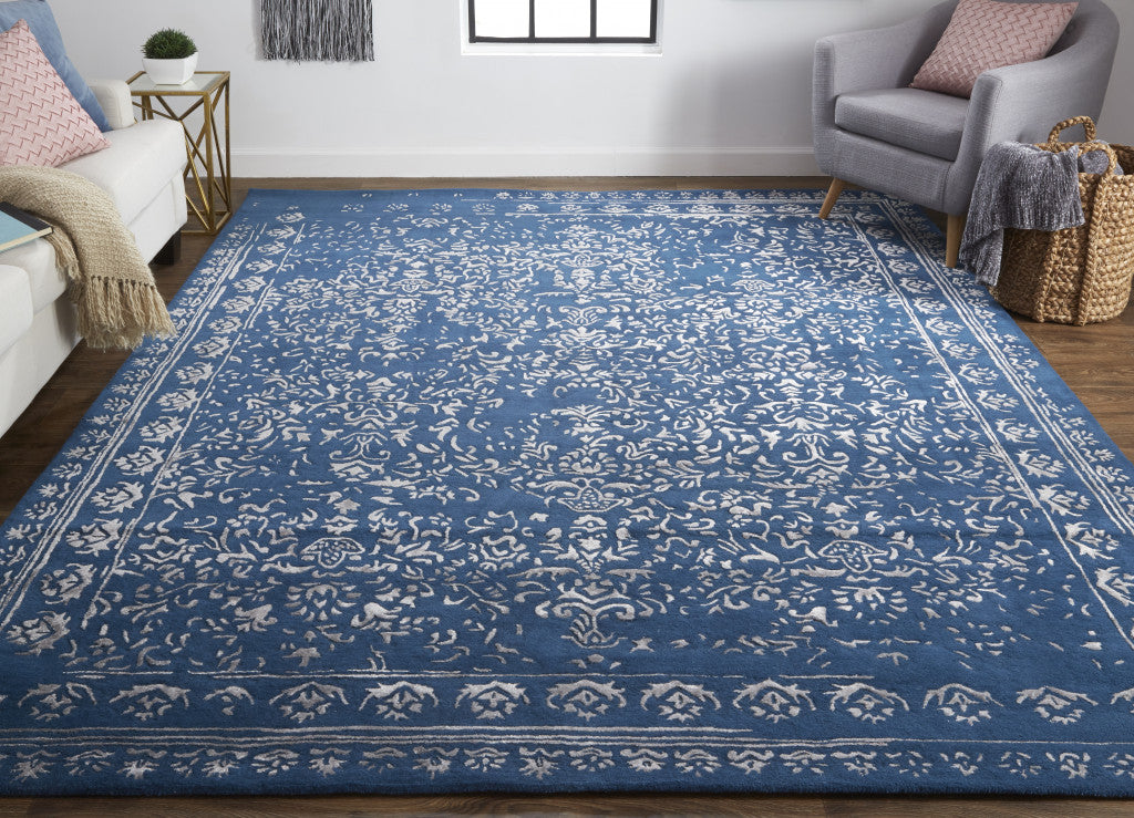 8' X 10' Blue And Silver Wool Floral Tufted Handmade Distressed Area Rug