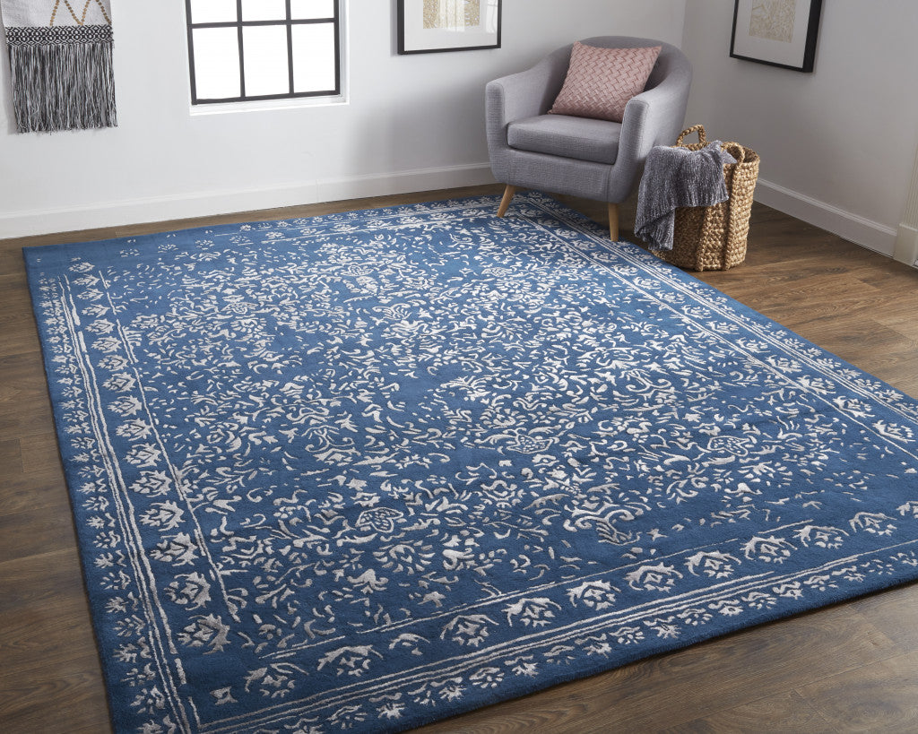 8' X 10' Blue And Silver Wool Floral Tufted Handmade Distressed Area Rug