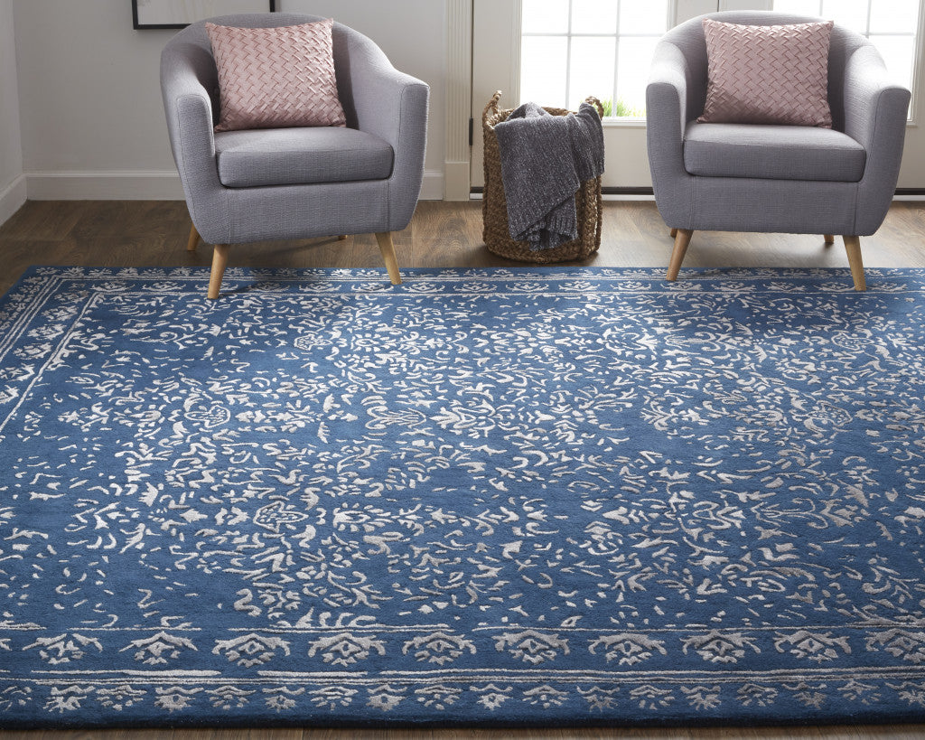 8' X 10' Blue And Silver Wool Floral Tufted Handmade Distressed Area Rug