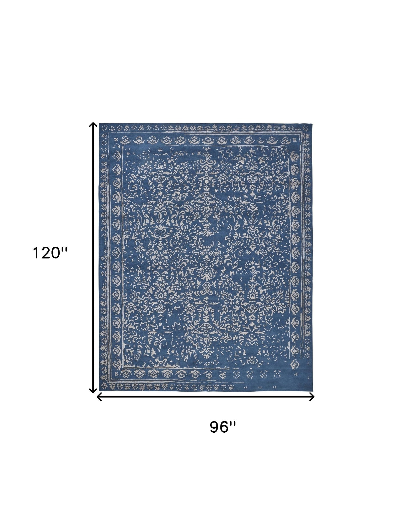 8' X 10' Blue And Silver Wool Floral Tufted Handmade Distressed Area Rug