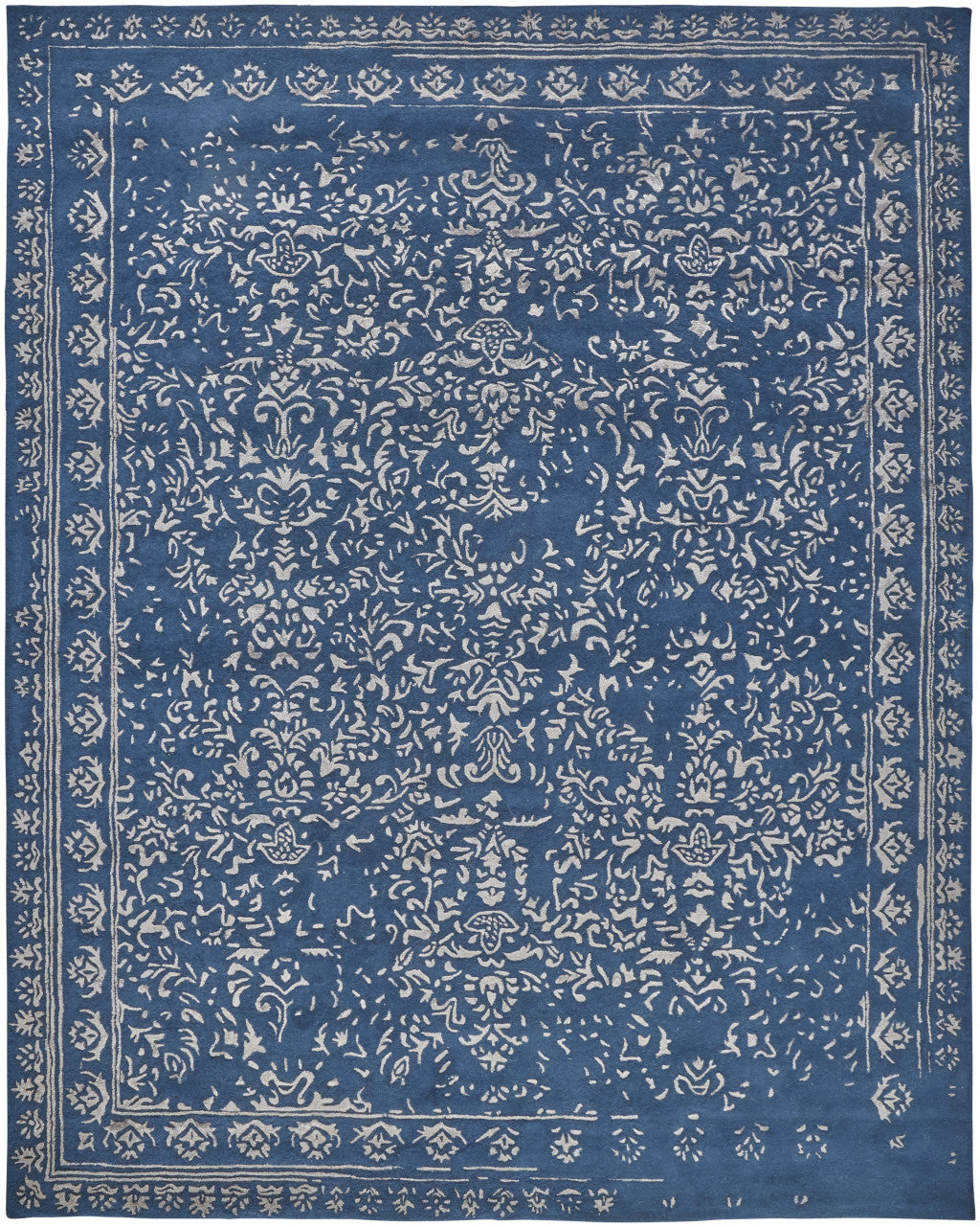 2' X 3' Blue And Silver Wool Floral Tufted Handmade Distressed Area Rug