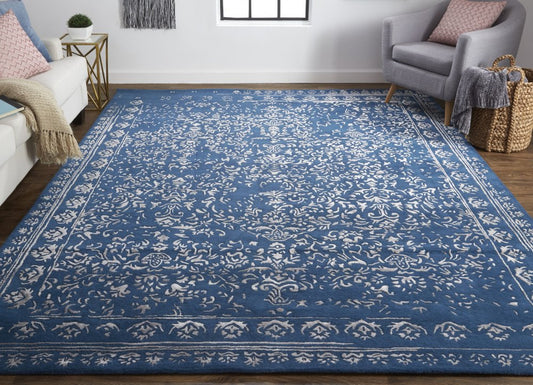 8' X 10' Blue And Silver Wool Floral Tufted Handmade Distressed Area Rug