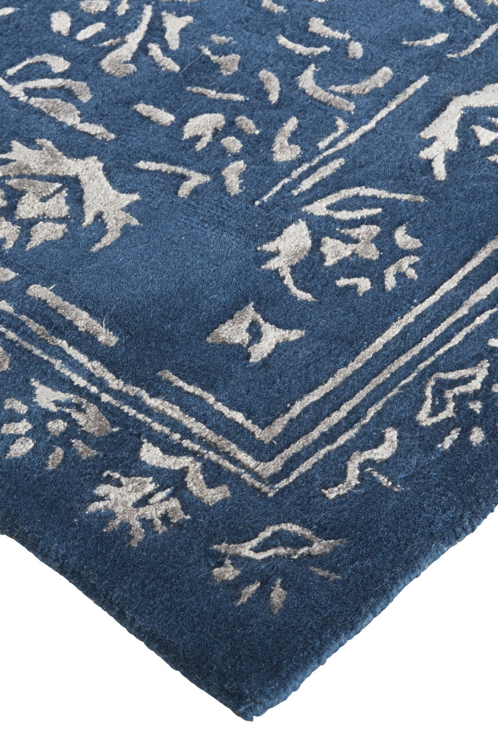 9' X 12' Blue And Silver Wool Floral Tufted Handmade Distressed Area Rug