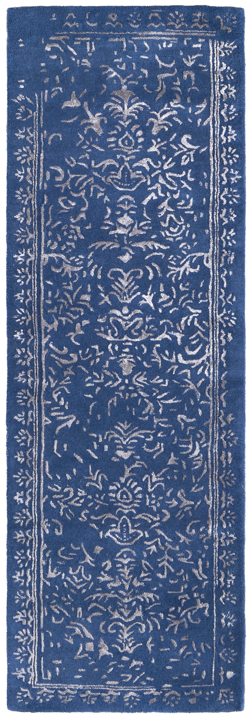 8' X 10' Blue And Silver Wool Floral Tufted Handmade Distressed Area Rug