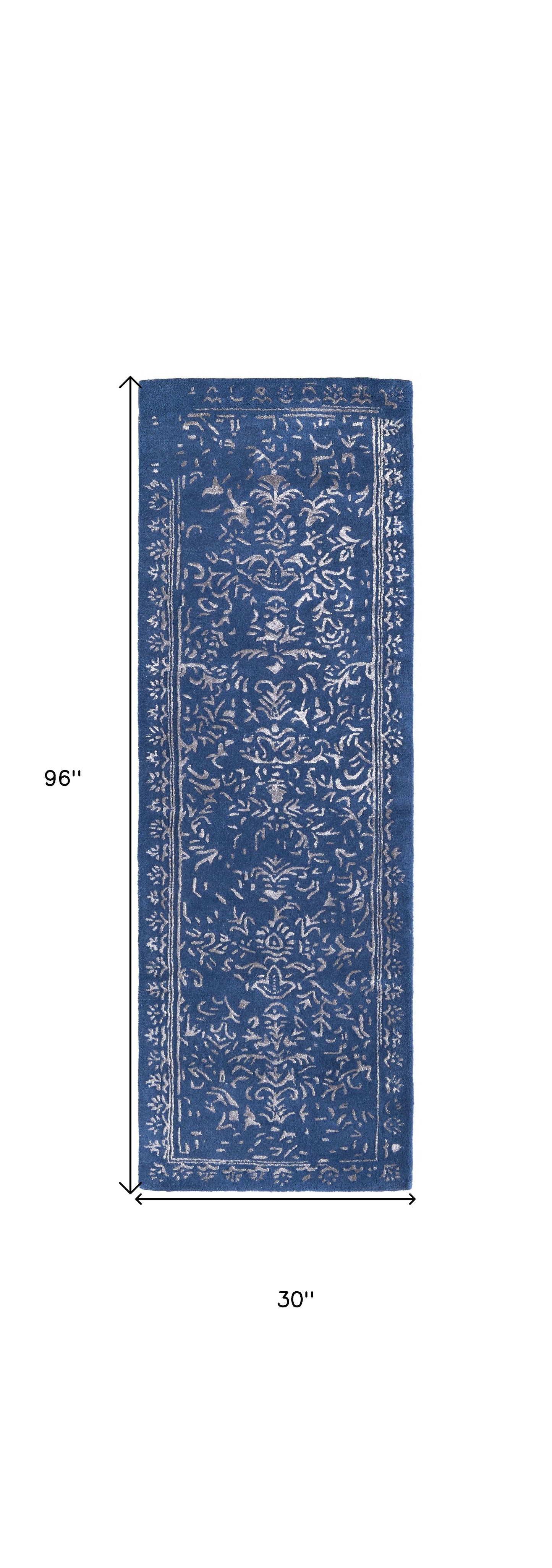 8' X 10' Blue And Silver Wool Floral Tufted Handmade Distressed Area Rug