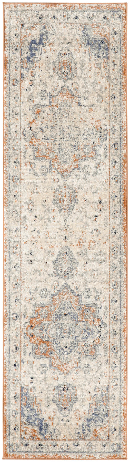 Distressed ivory Persian-style runner rug with blue and orange motifs and a narrow orange border.