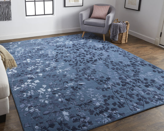 5' X 8' Blue Wool Floral Tufted Handmade Area Rug