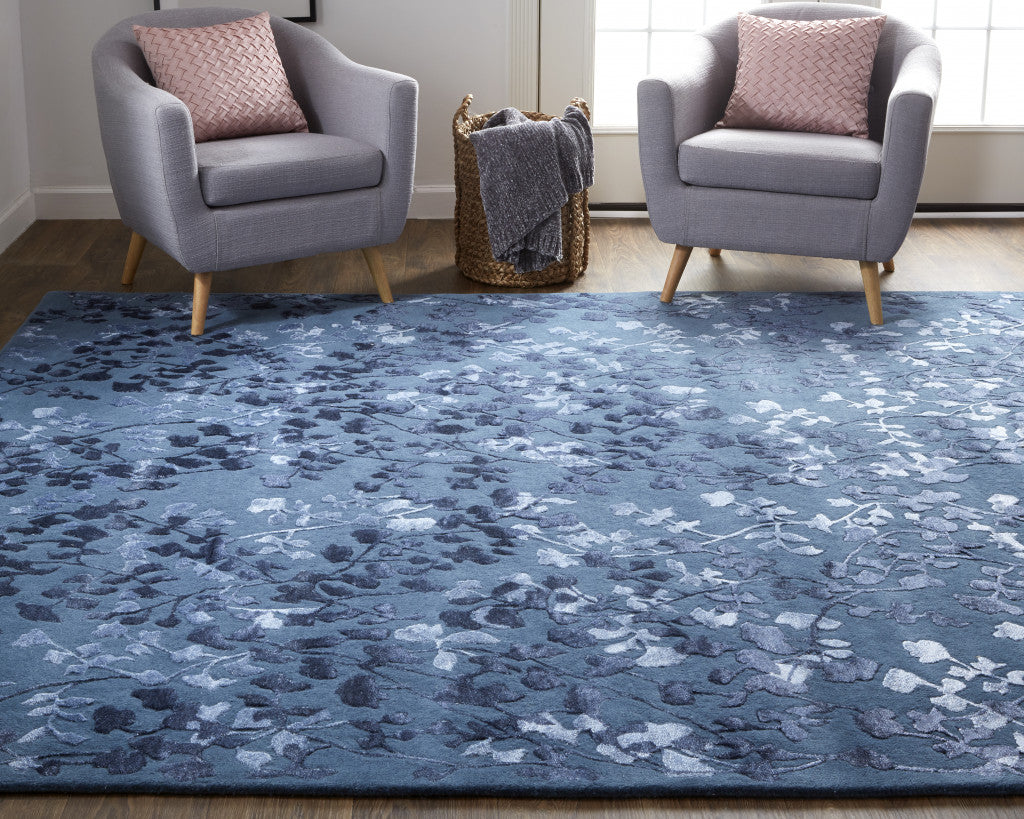 5' X 8' Blue Wool Floral Hand Tufted Area Rug