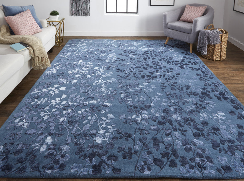 5' X 8' Blue Wool Floral Hand Tufted Area Rug