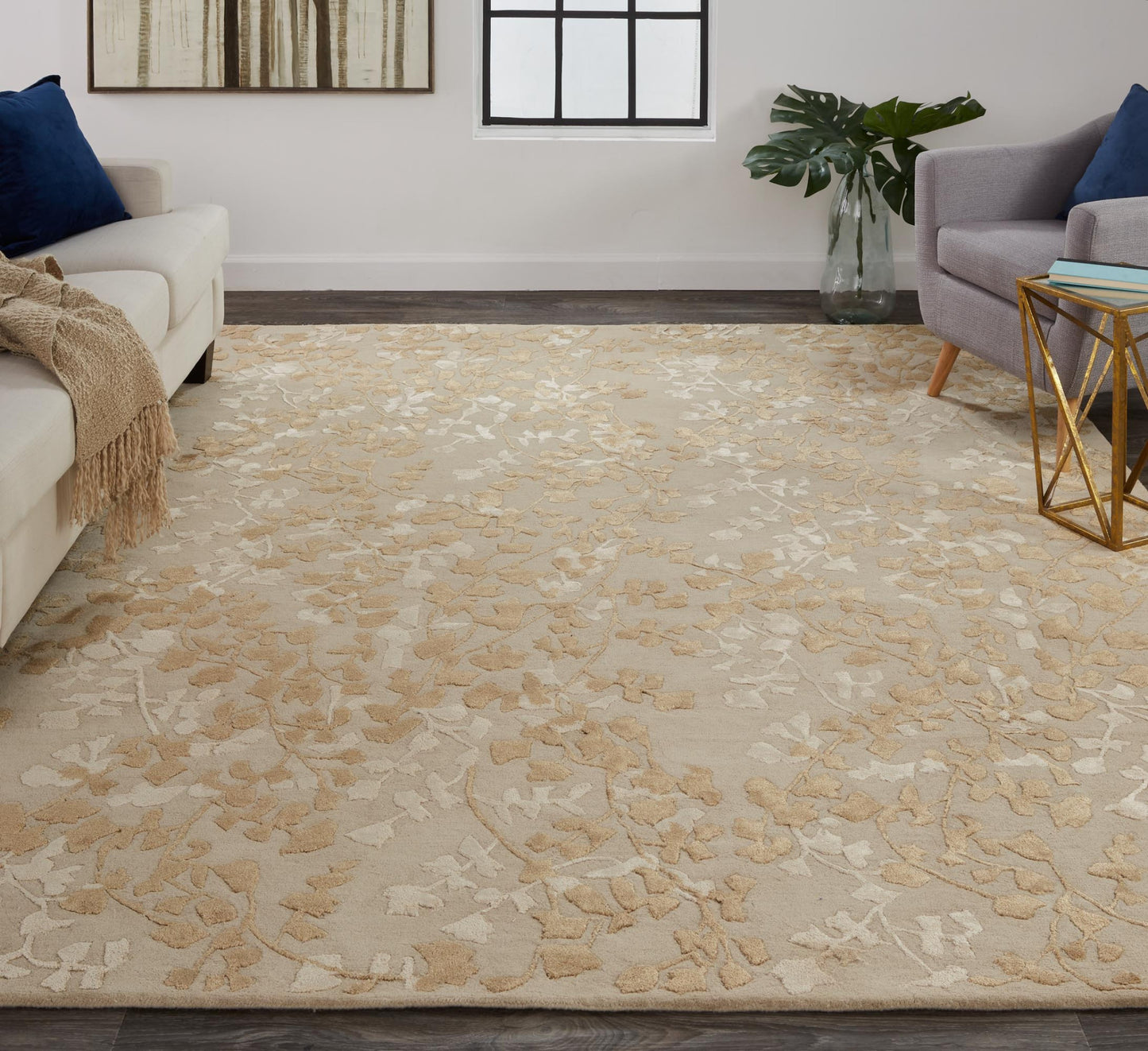 9' X 12' Ivory Tan And Gold Wool Floral Tufted Handmade Area Rug