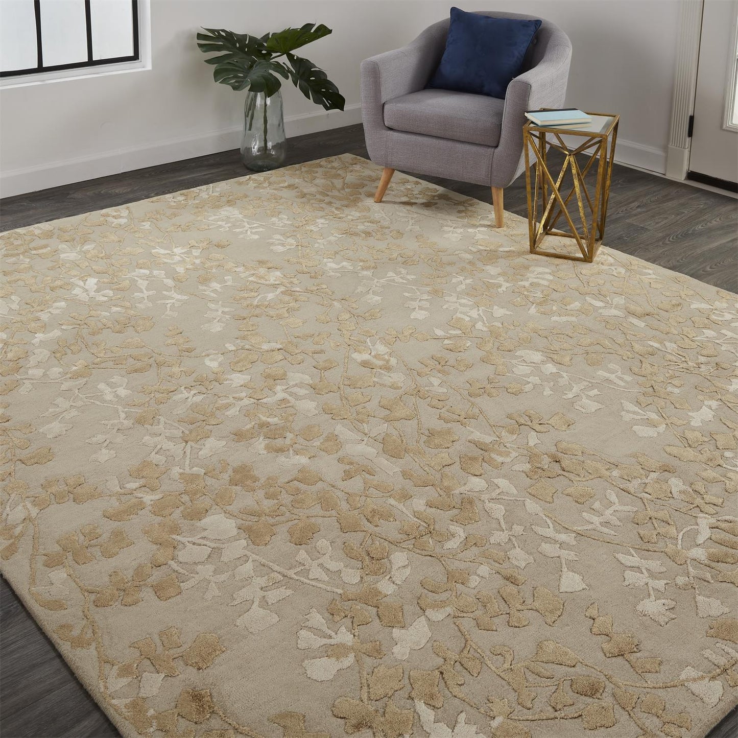 9' X 12' Ivory Tan And Gold Wool Floral Tufted Handmade Area Rug