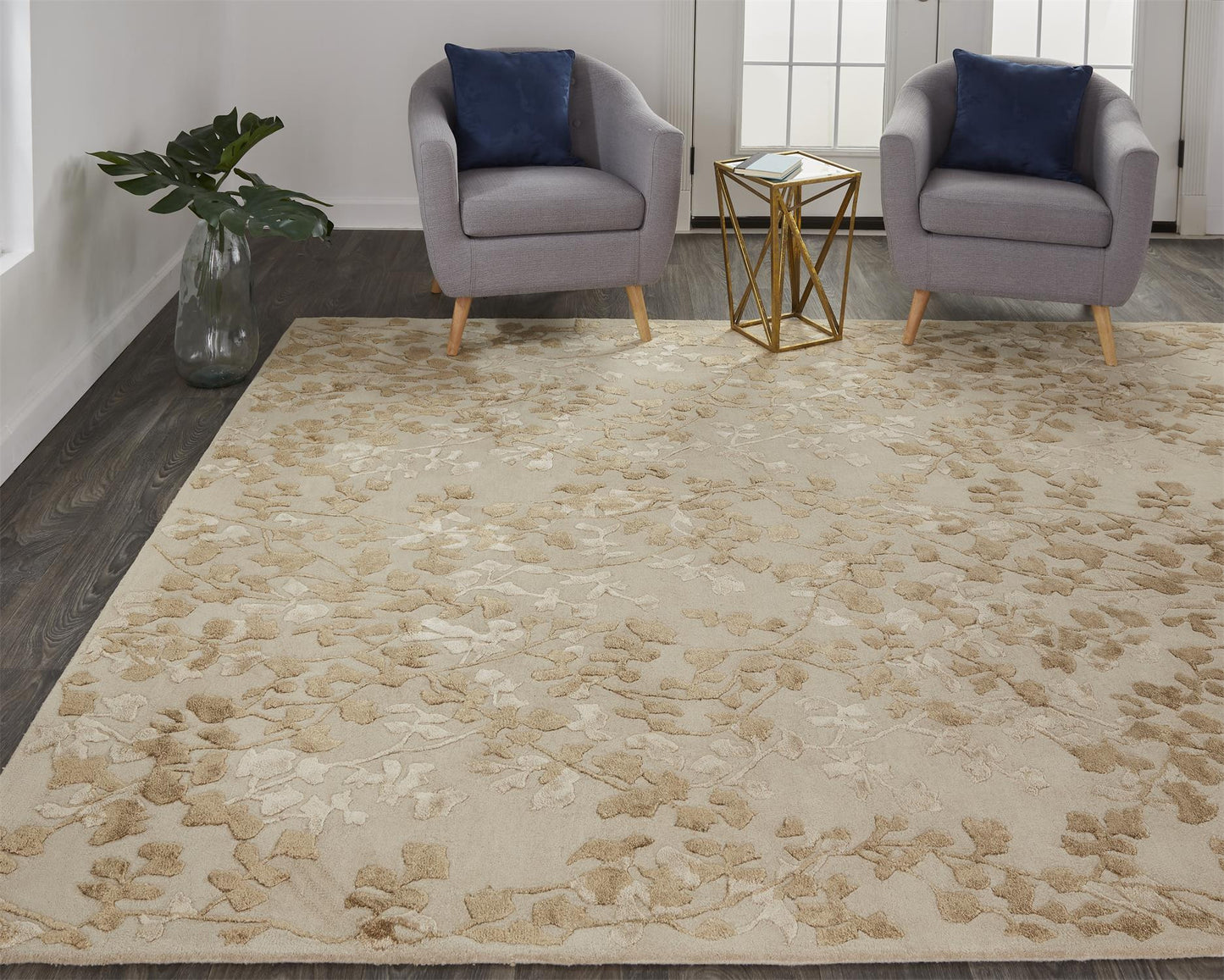 9' X 12' Ivory Tan And Gold Wool Floral Tufted Handmade Area Rug