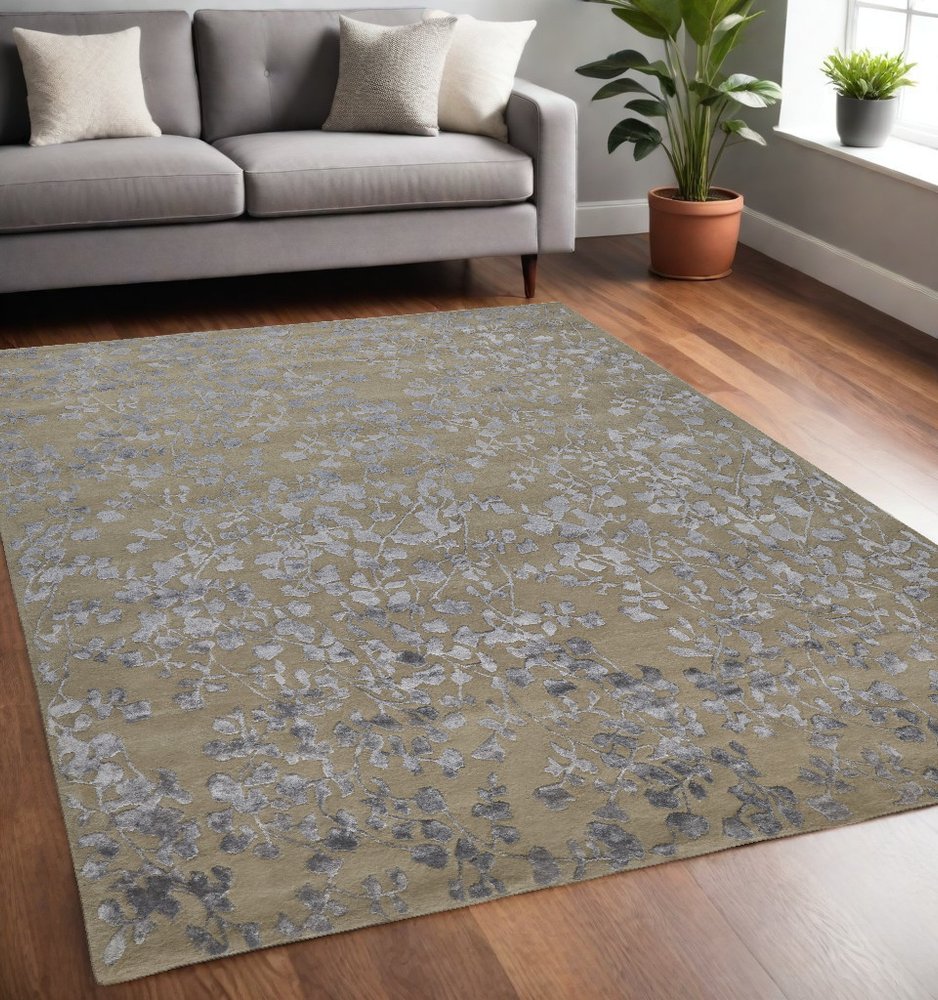8' X 10' Tan Silver And Gray Wool Floral Tufted Handmade Area Rug