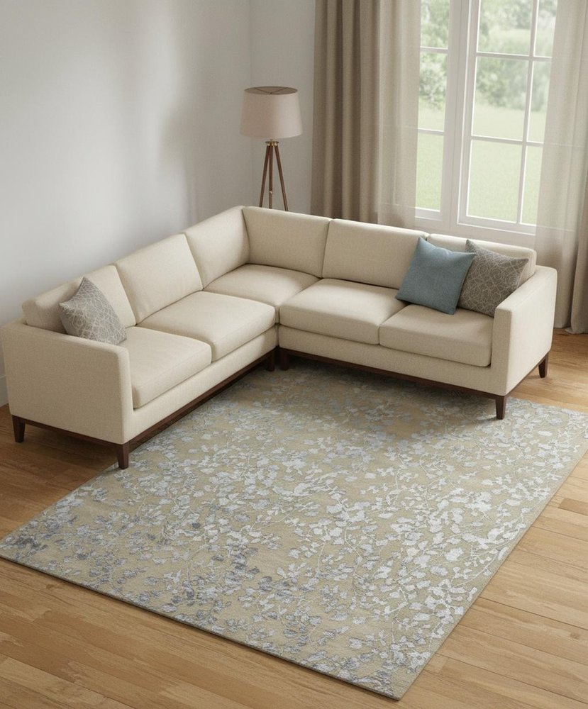 5' X 8' Tan Silver And Gray Wool Floral Tufted Handmade Area Rug