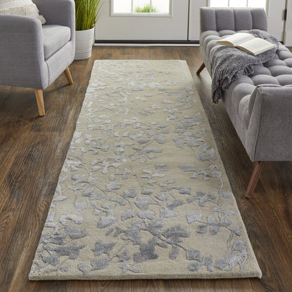 8' X 10' Tan Silver And Gray Wool Floral Tufted Handmade Area Rug