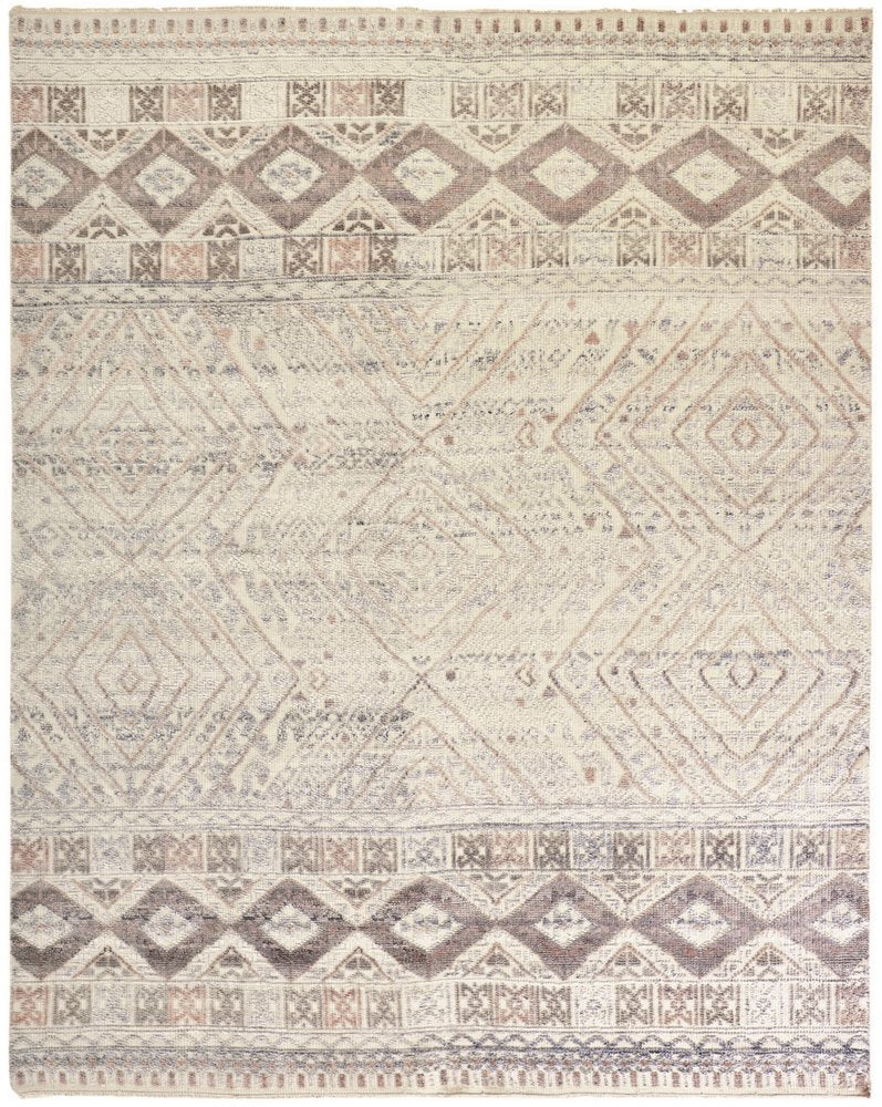 8' Gray Ivory And Pink Geometric Hand Knotted Runner Rug