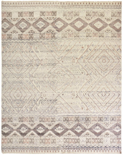 8' Gray Ivory And Pink Geometric Hand Knotted Runner Rug
