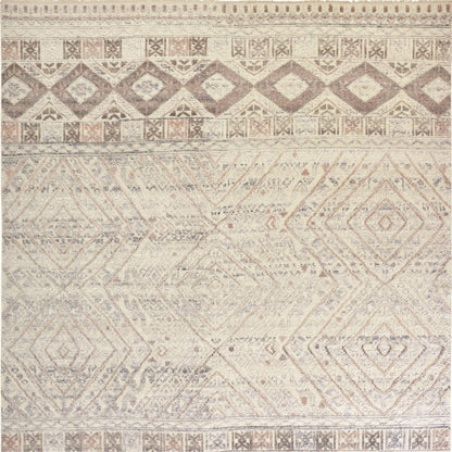 8' Gray Ivory And Pink Geometric Hand Knotted Runner Rug