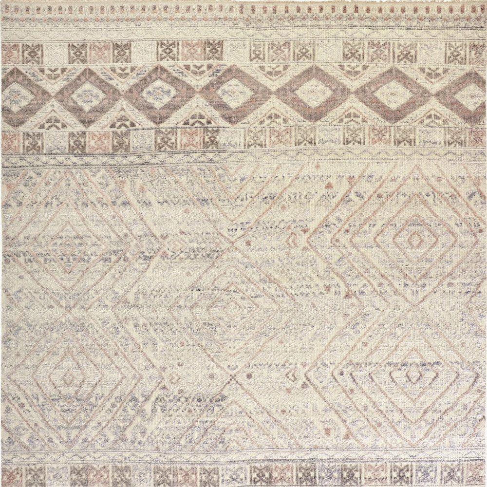 8' Gray Ivory And Pink Geometric Hand Knotted Runner Rug