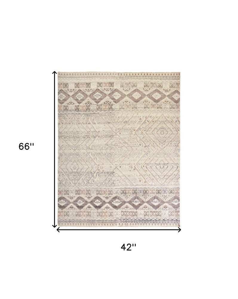 8' Gray Ivory And Pink Geometric Hand Knotted Runner Rug