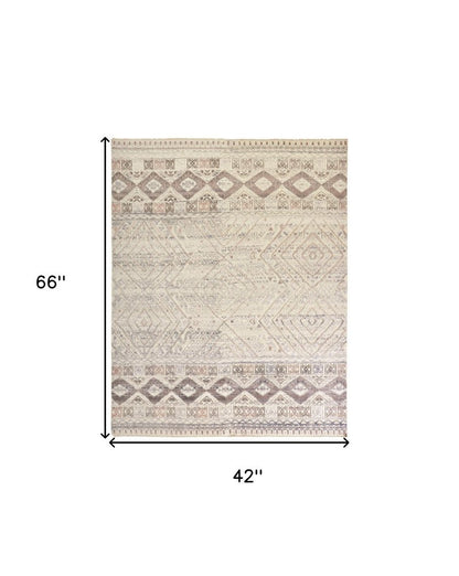 8' Gray Ivory And Pink Geometric Hand Knotted Runner Rug