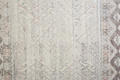 8' Gray Ivory And Pink Geometric Hand Knotted Runner Rug